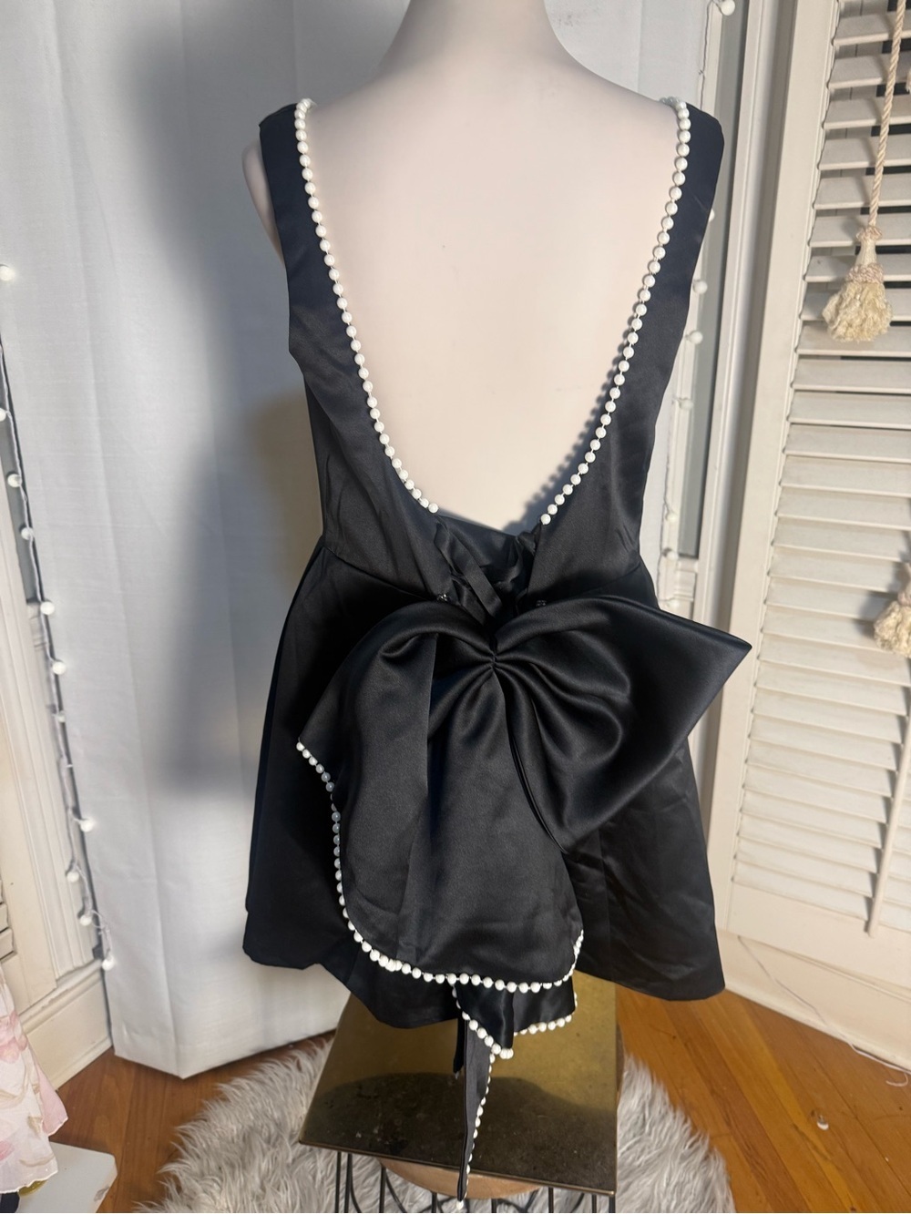 Wear Your Love Black Satin Pearl Trim Open Back Detachable Bow Mini Small NWT